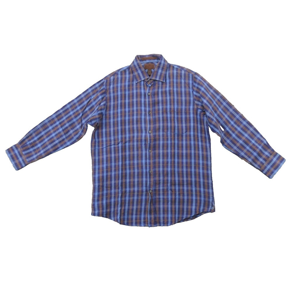 Born Shirt Mens Medium Blue Brown Plaid Button Front Long Sleeve Cotton Casual